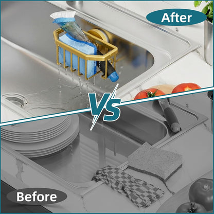 Sponge Holder for Kitchen Sink with Strong Suction Cup Removable, Rustproof Aluminum Sink Caddy for Sponge, Brush, Scrubber, Scraper -Silver