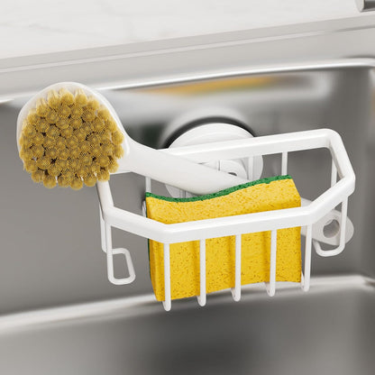 Sponge Holder for Kitchen Sink with Strong Suction Cup Removable, Rustproof Aluminum Sink Caddy for Sponge, Brush, Scrubber, Scraper -Silver