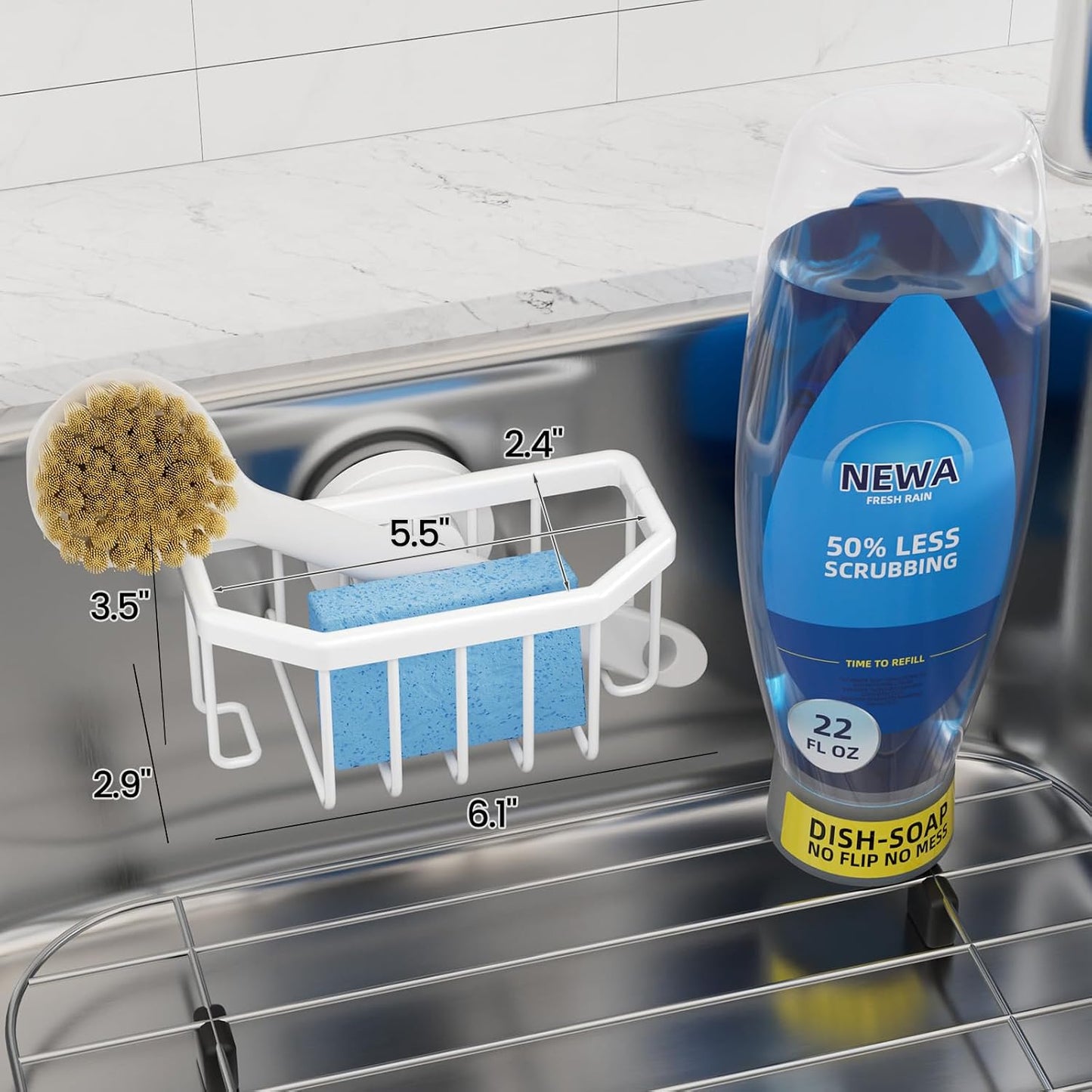 Sponge Holder for Kitchen Sink with Strong Suction Cup Removable, Rustproof Aluminum Sink Caddy for Sponge, Brush, Scrubber, Scraper -Silver