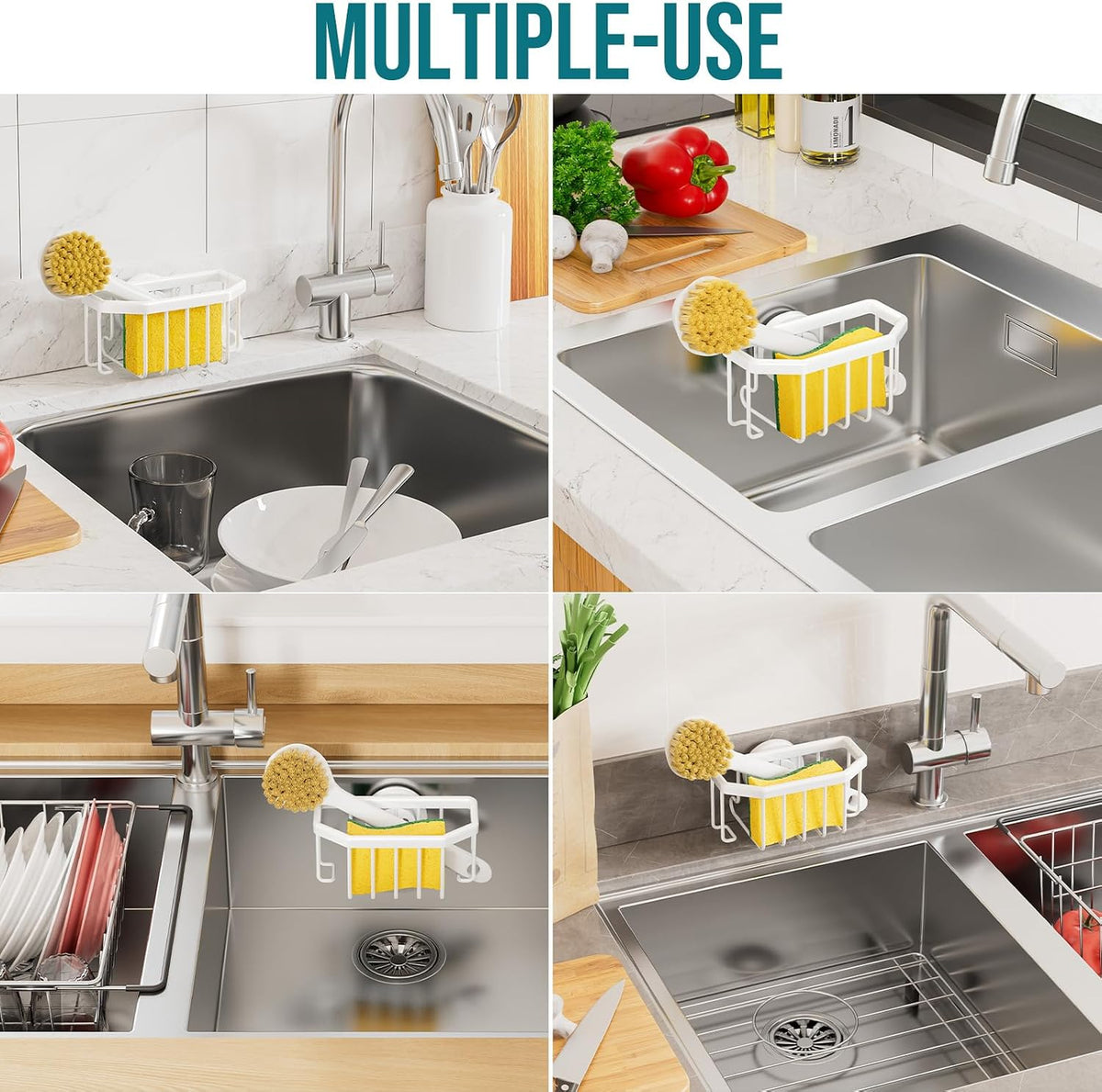 Sponge Holder for Kitchen Sink with Strong Suction Cup Removable, Rustproof Aluminum Sink Caddy for Sponge, Brush, Scrubber, Scraper -Silver