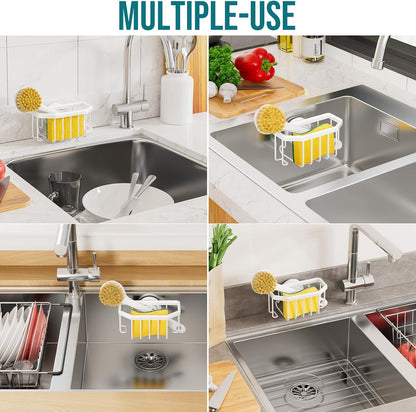 Sponge Holder for Kitchen Sink with Strong Suction Cup Removable, Rustproof Aluminum Sink Caddy for Sponge, Brush, Scrubber, Scraper -Silver