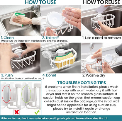 Sponge Holder for Kitchen Sink with Strong Suction Cup Removable, Rustproof Aluminum Sink Caddy for Sponge, Brush, Scrubber, Scraper -Silver