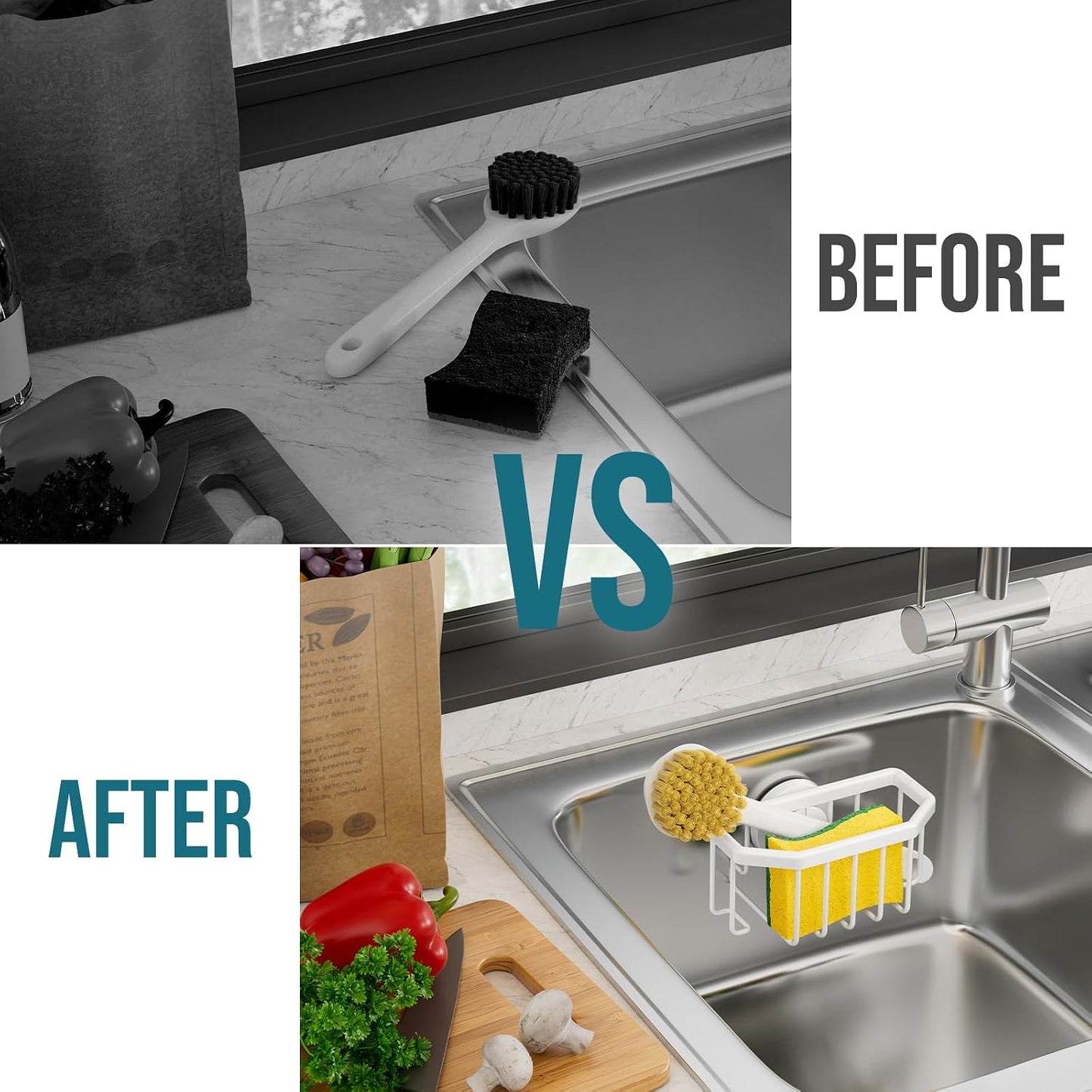 Sponge Holder for Kitchen Sink with Strong Suction Cup Removable, Rustproof Aluminum Sink Caddy for Sponge, Brush, Scrubber, Scraper -Silver