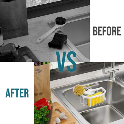 Sponge Holder for Kitchen Sink with Strong Suction Cup Removable, Rustproof Aluminum Sink Caddy for Sponge, Brush, Scrubber, Scraper -Silver