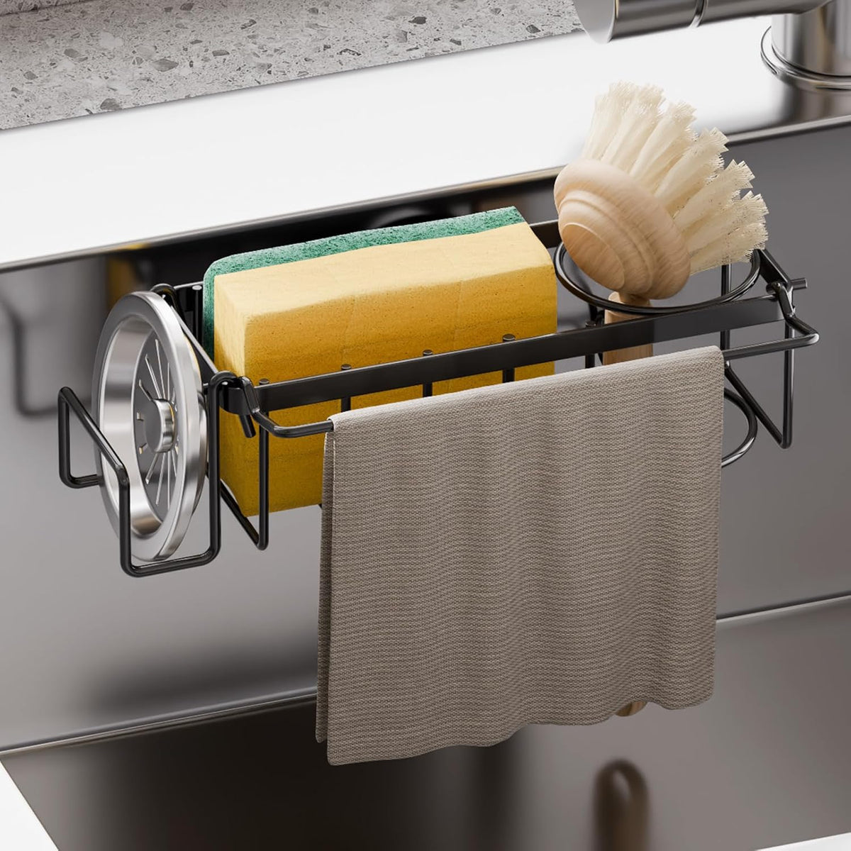 Sponge Holder for Kitchen Sink with Strong Suction Cup Removable, Rustproof Aluminum Sink Caddy for Sponge, Brush, Scrubber, Scraper -Silver