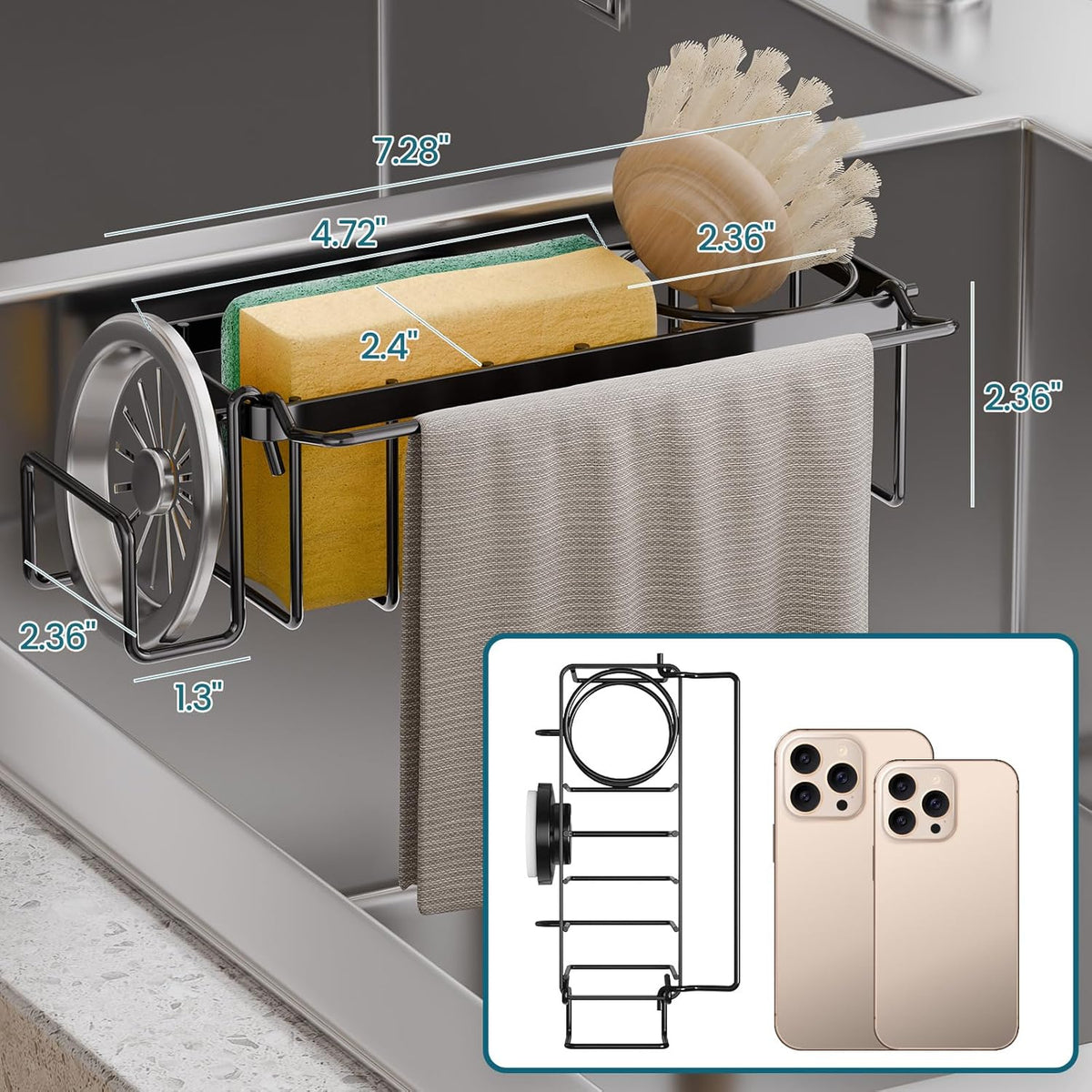 Sponge Holder for Kitchen Sink with Strong Suction Cup Removable, Rustproof Aluminum Sink Caddy for Sponge, Brush, Scrubber, Scraper -Silver