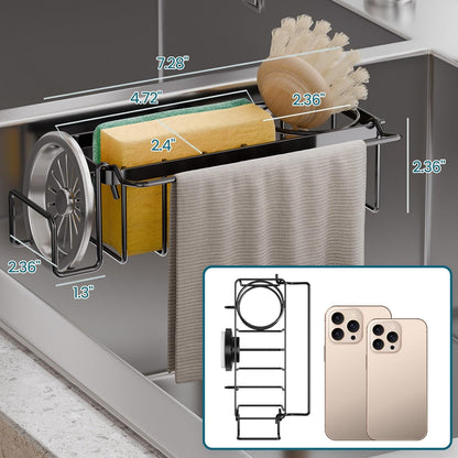 Sponge Holder for Kitchen Sink with Strong Suction Cup Removable, Rustproof Aluminum Sink Caddy for Sponge, Brush, Scrubber, Scraper -Silver