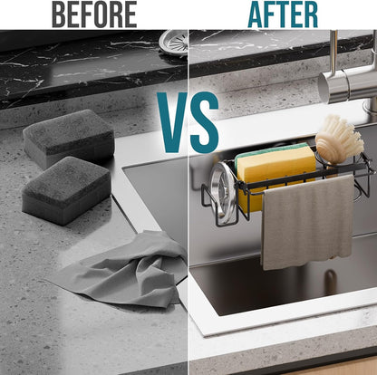 Sponge Holder for Kitchen Sink with Strong Suction Cup Removable, Rustproof Aluminum Sink Caddy for Sponge, Brush, Scrubber, Scraper -Silver