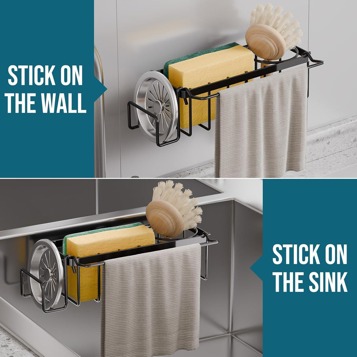 Sponge Holder for Kitchen Sink with Strong Suction Cup Removable, Rustproof Aluminum Sink Caddy for Sponge, Brush, Scrubber, Scraper -Silver