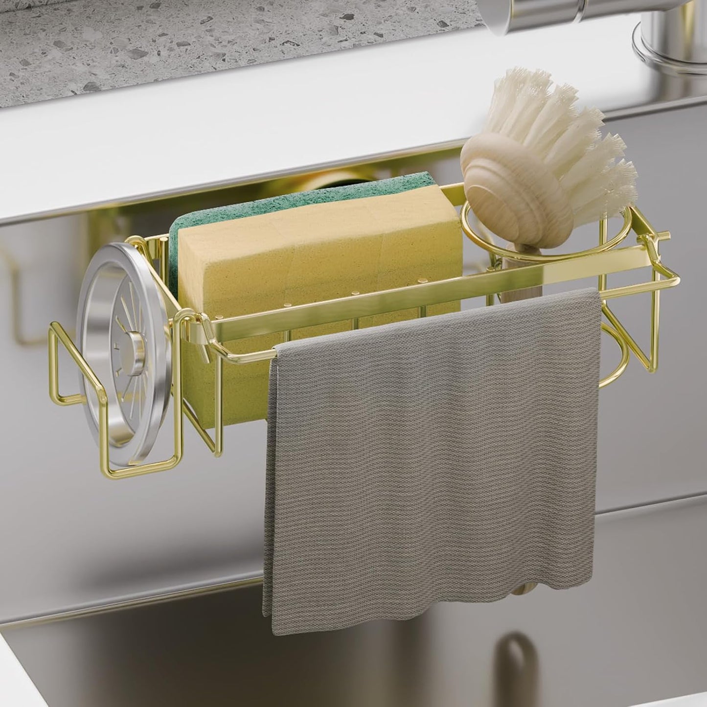 Sponge Holder for Kitchen Sink with Strong Suction Cup Removable, Rustproof Aluminum Sink Caddy for Sponge, Brush, Scrubber, Scraper -Silver