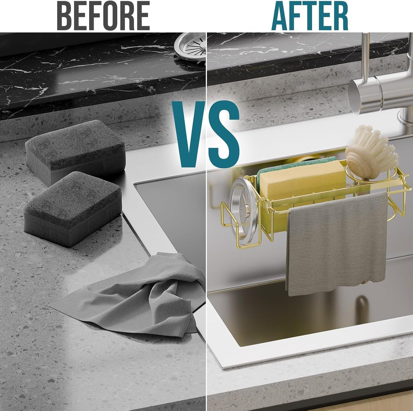 Sponge Holder for Kitchen Sink with Strong Suction Cup Removable, Rustproof Aluminum Sink Caddy for Sponge, Brush, Scrubber, Scraper -Silver