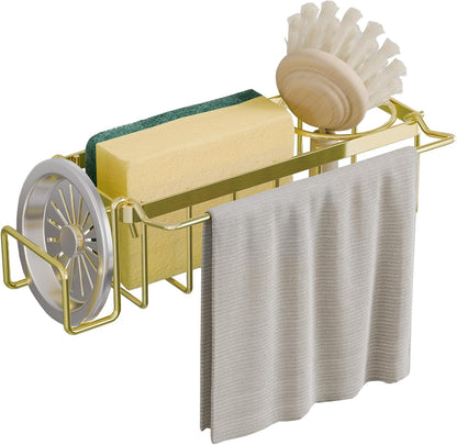 Sponge Holder for Kitchen Sink with Strong Suction Cup Removable, Rustproof Aluminum Sink Caddy for Sponge, Brush, Scrubber, Scraper -Silver