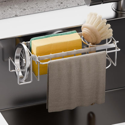 Sponge Holder for Kitchen Sink with Strong Suction Cup Removable, Rustproof Aluminum Sink Caddy for Sponge, Brush, Scrubber, Scraper -Silver