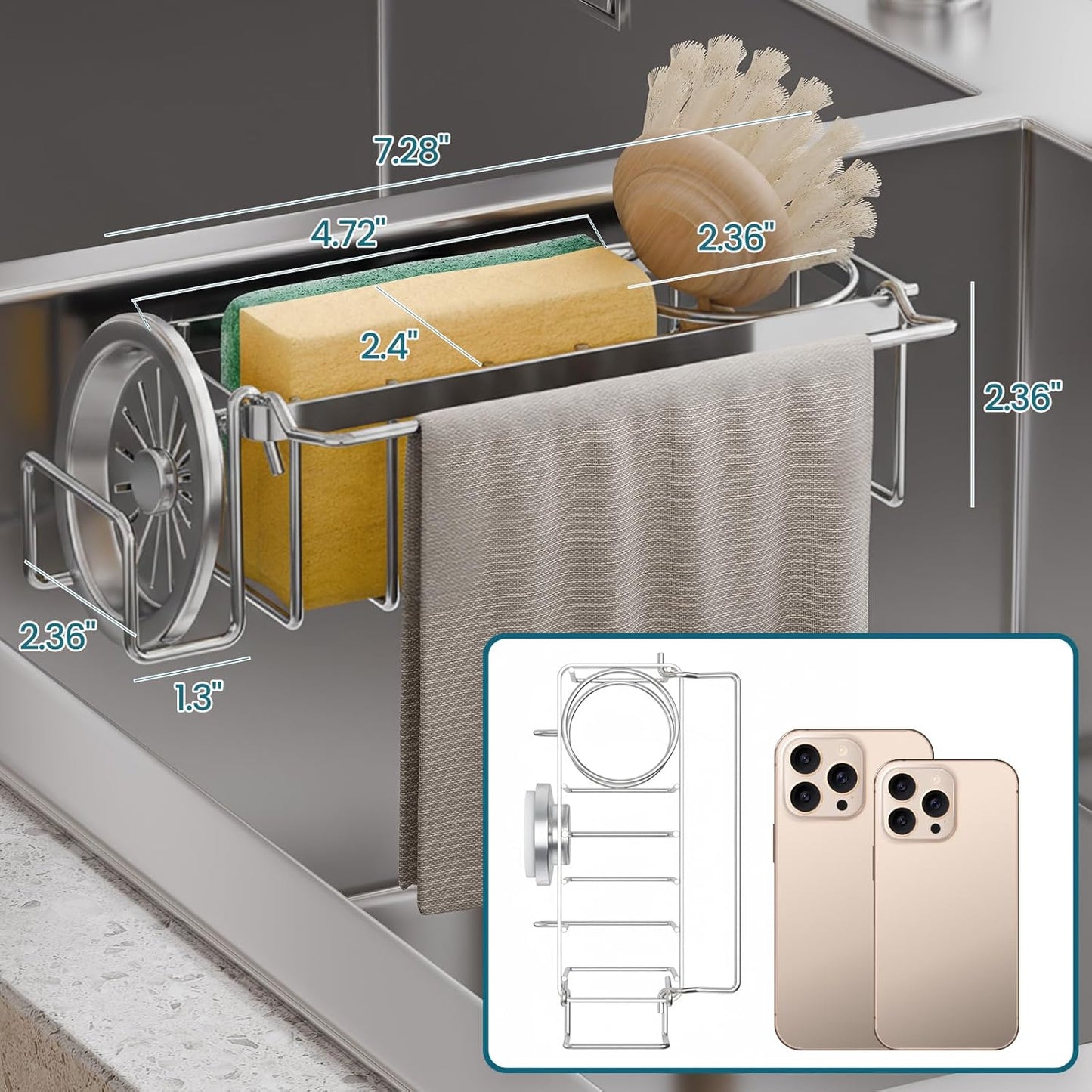 Sponge Holder for Kitchen Sink with Strong Suction Cup Removable, Rustproof Aluminum Sink Caddy for Sponge, Brush, Scrubber, Scraper -Silver