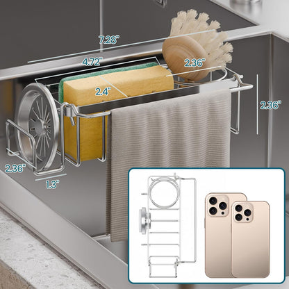 Sponge Holder for Kitchen Sink with Strong Suction Cup Removable, Rustproof Aluminum Sink Caddy for Sponge, Brush, Scrubber, Scraper -Silver