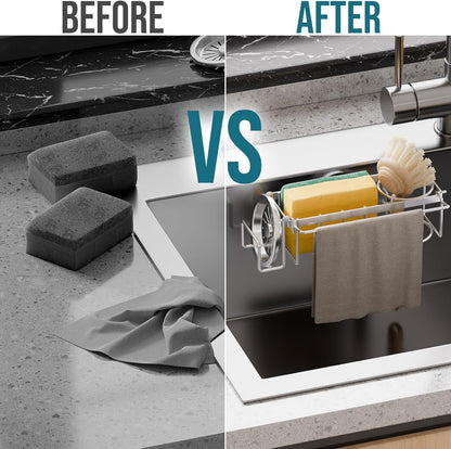 Sponge Holder for Kitchen Sink with Strong Suction Cup Removable, Rustproof Aluminum Sink Caddy for Sponge, Brush, Scrubber, Scraper -Silver