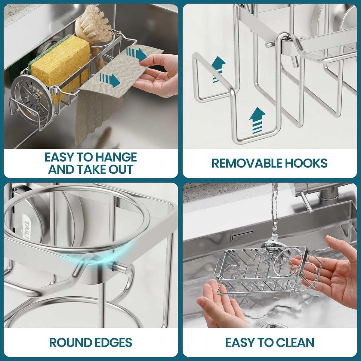 Sponge Holder for Kitchen Sink with Strong Suction Cup Removable, Rustproof Aluminum Sink Caddy for Sponge, Brush, Scrubber, Scraper -Silver