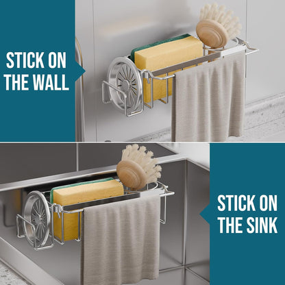 Sponge Holder for Kitchen Sink with Strong Suction Cup Removable, Rustproof Aluminum Sink Caddy for Sponge, Brush, Scrubber, Scraper -Silver