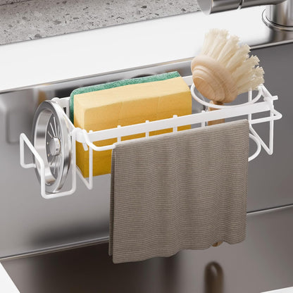 Sponge Holder for Kitchen Sink with Strong Suction Cup Removable, Rustproof Aluminum Sink Caddy for Sponge, Brush, Scrubber, Scraper -Silver