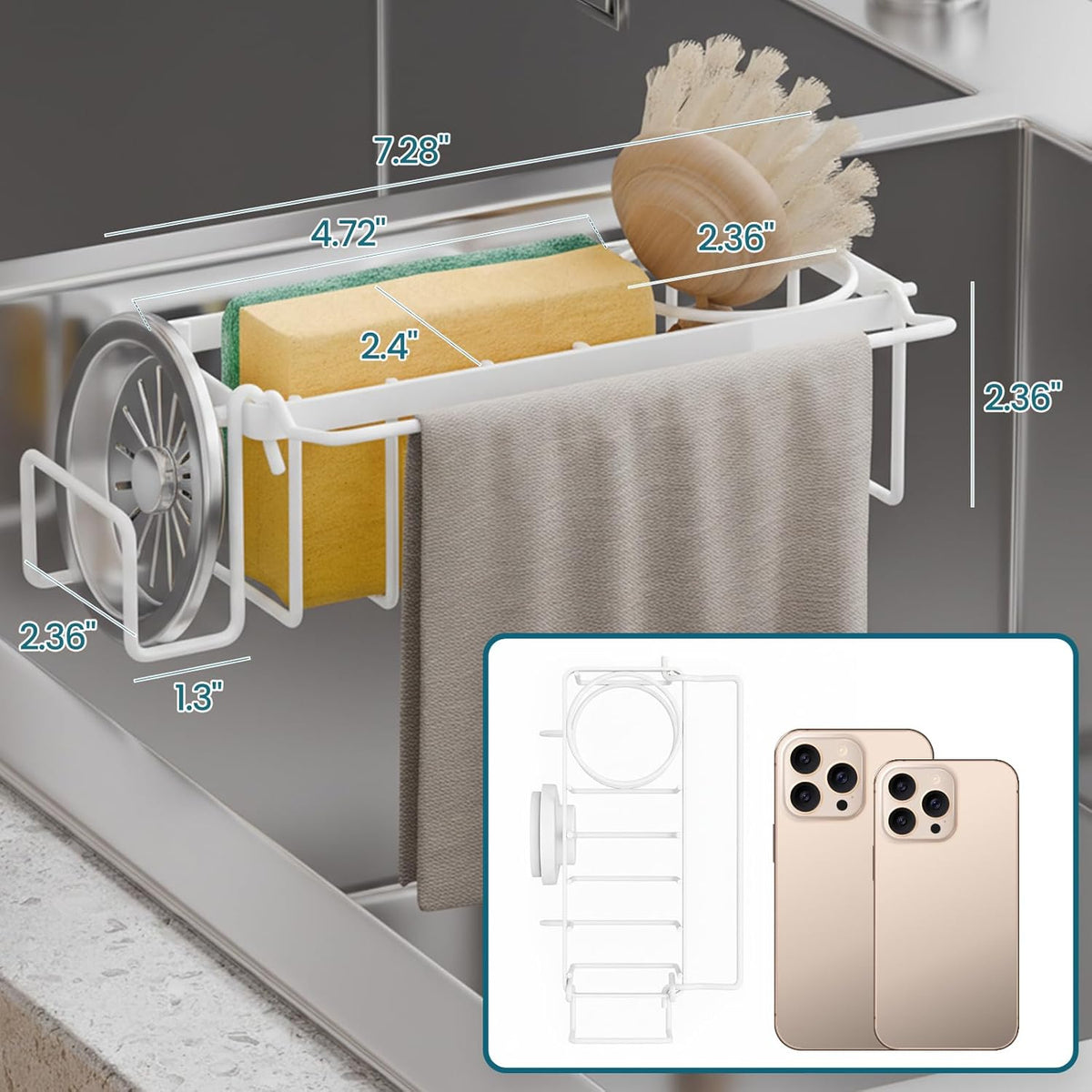 Sponge Holder for Kitchen Sink with Strong Suction Cup Removable, Rustproof Aluminum Sink Caddy for Sponge, Brush, Scrubber, Scraper -Silver