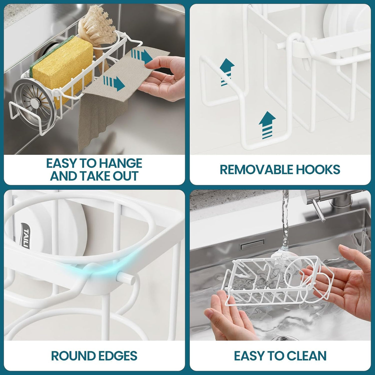 Sponge Holder for Kitchen Sink with Strong Suction Cup Removable, Rustproof Aluminum Sink Caddy for Sponge, Brush, Scrubber, Scraper -Silver