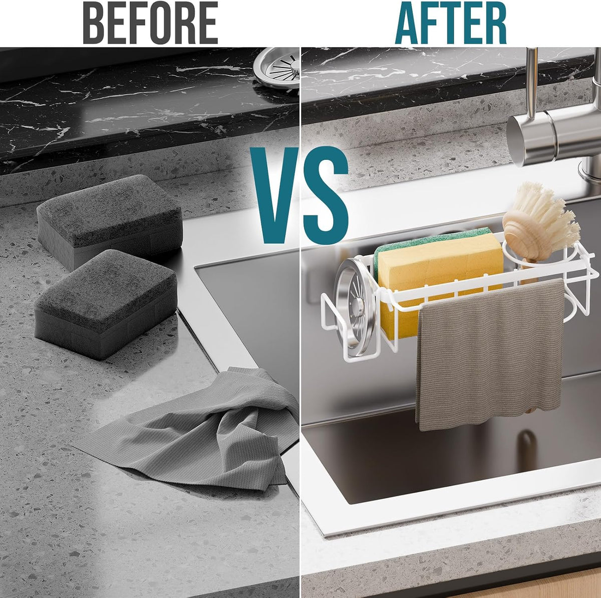 Sponge Holder for Kitchen Sink with Strong Suction Cup Removable, Rustproof Aluminum Sink Caddy for Sponge, Brush, Scrubber, Scraper -Silver