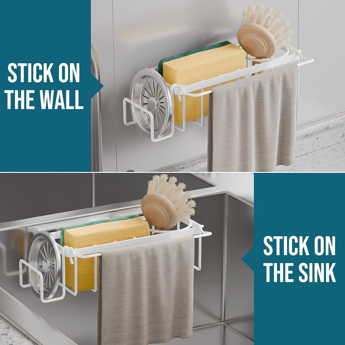 Sponge Holder for Kitchen Sink with Strong Suction Cup Removable, Rustproof Aluminum Sink Caddy for Sponge, Brush, Scrubber, Scraper -Silver