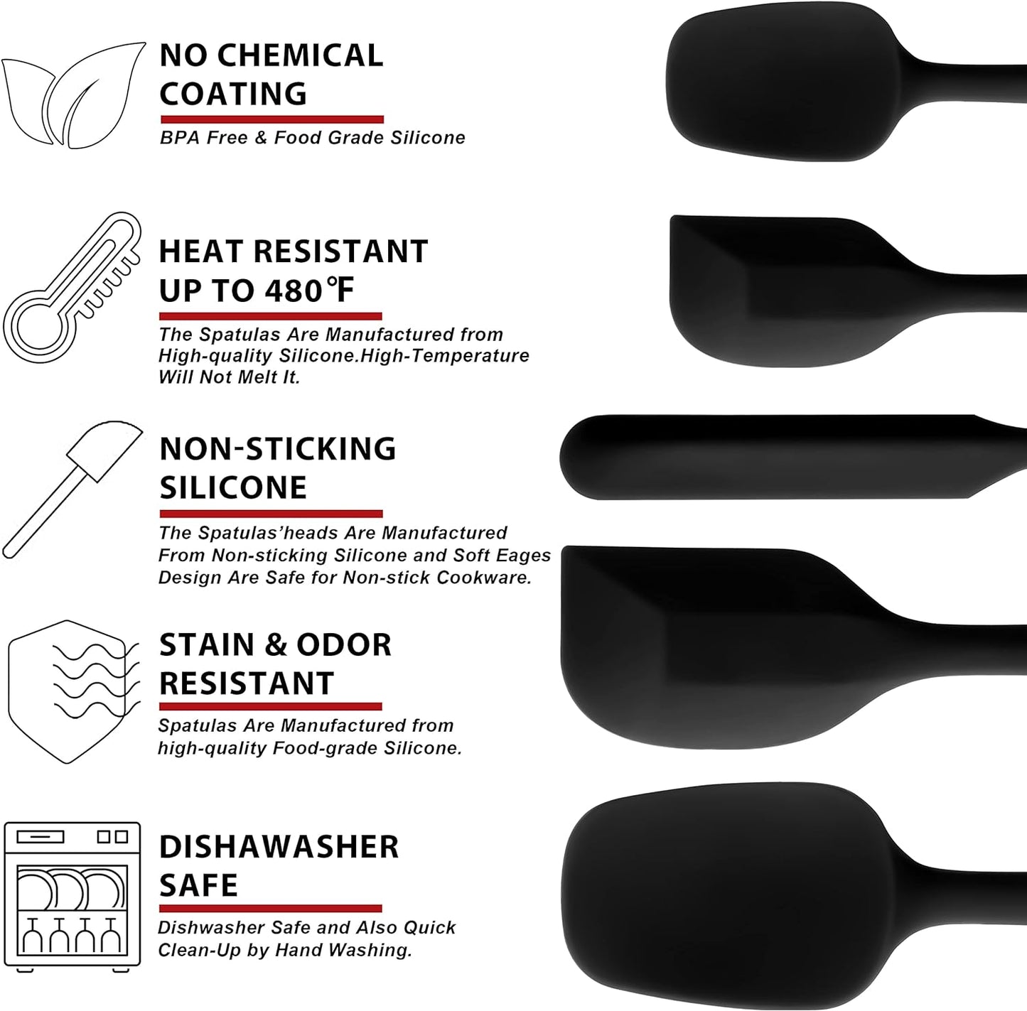 Silicone Spatula Set of 5 - Seamless One-Pieces Design, Non-Stick Rubber Spatulas Kitchen Scraper Flexible for Easy Baking, Cooking, Scraping & Mixing, Heat Resistant & Dishwasher Safe
