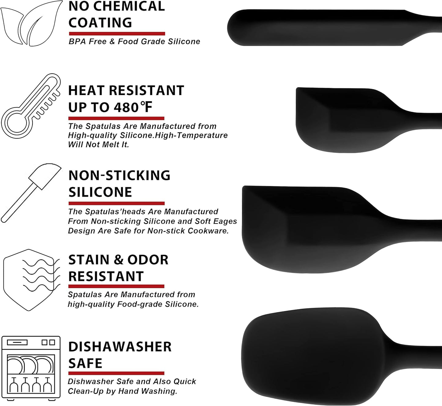 Silicone Spatula Set of 5 - Seamless One-Pieces Design, Non-Stick Rubber Spatulas Kitchen Scraper Flexible for Easy Baking, Cooking, Scraping & Mixing, Heat Resistant & Dishwasher Safe