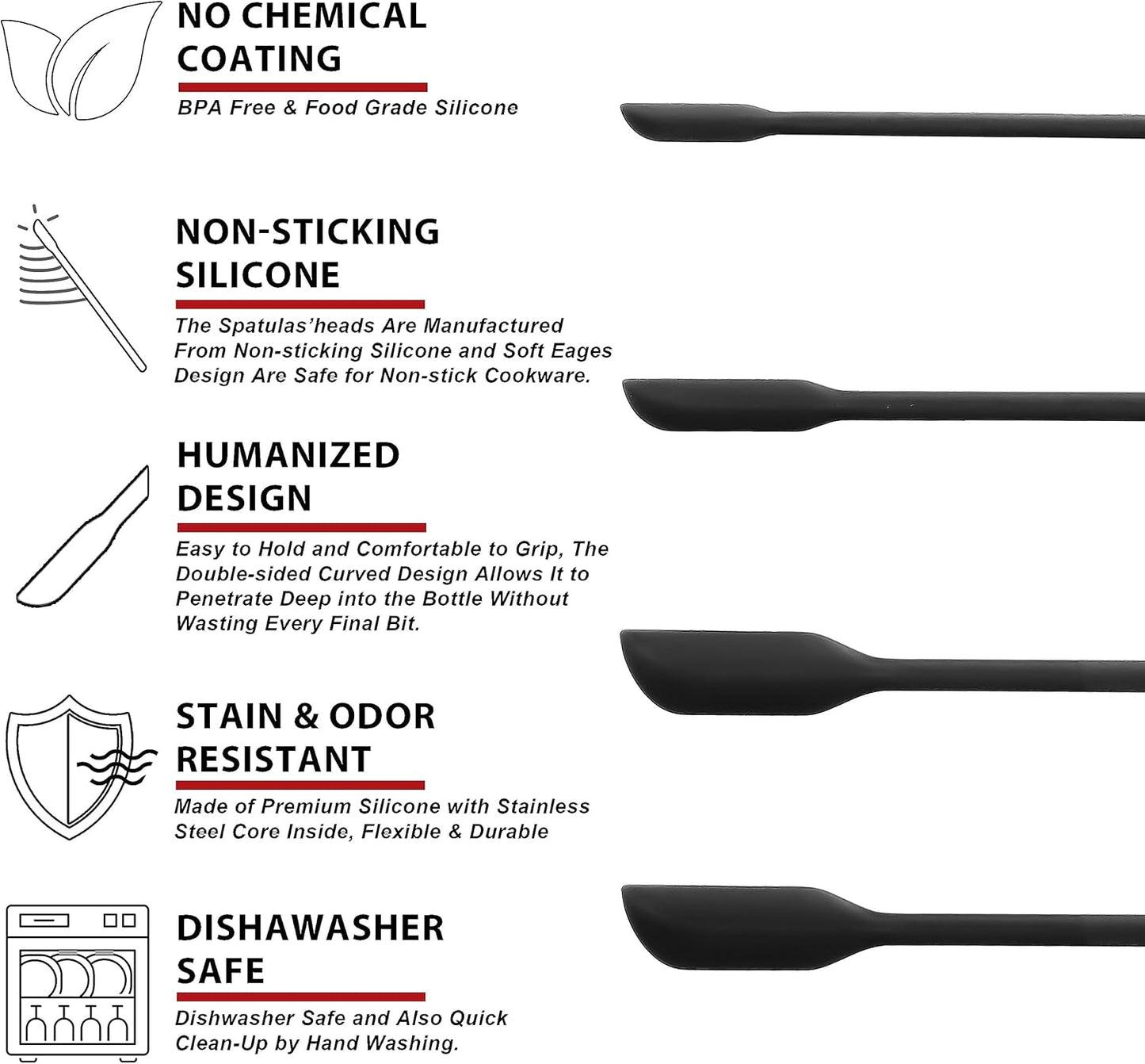 Silicone Spatula Set of 5 - Seamless One-Pieces Design, Non-Stick Rubber Spatulas Kitchen Scraper Flexible for Easy Baking, Cooking, Scraping & Mixing, Heat Resistant & Dishwasher Safe