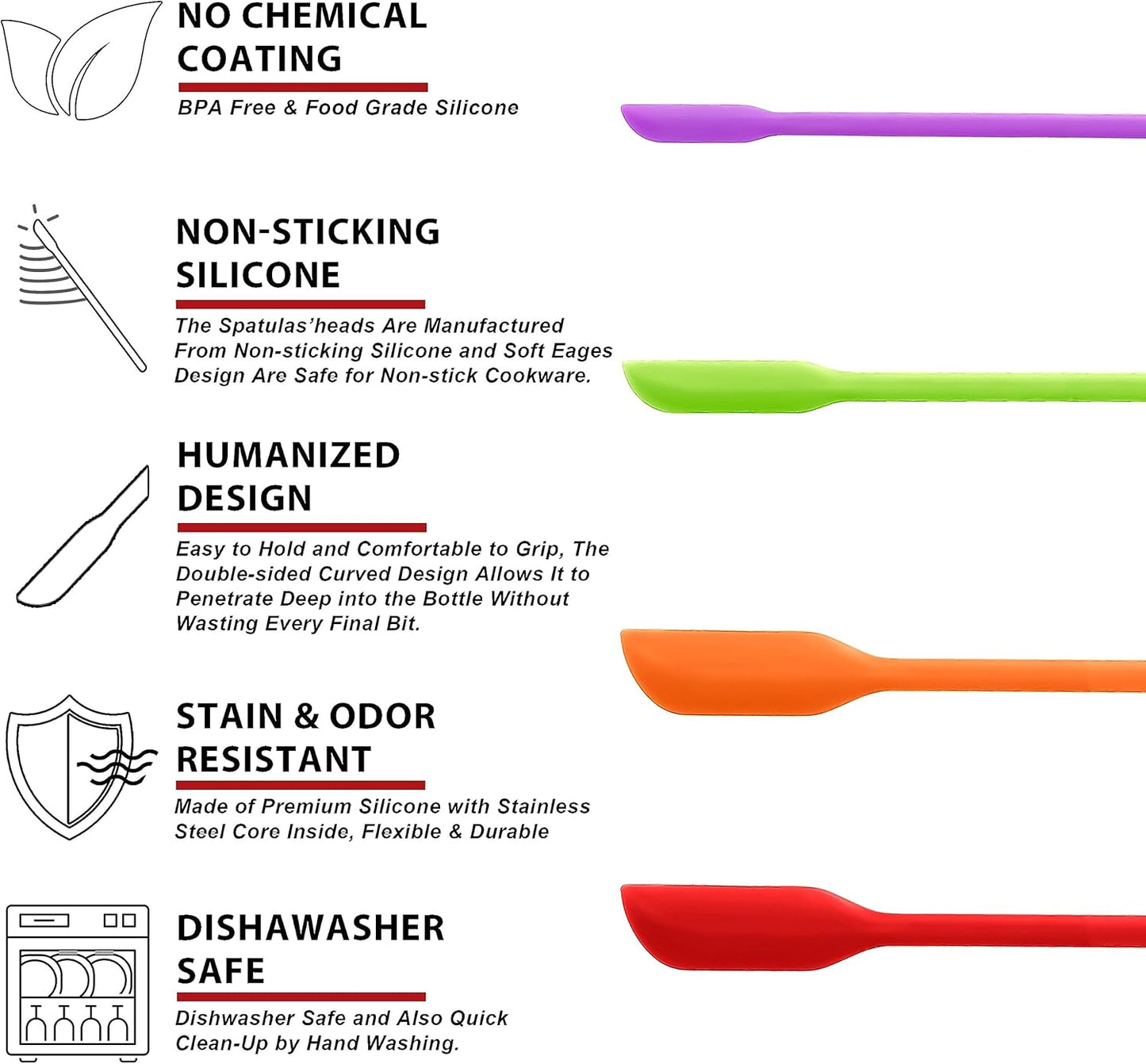 Silicone Spatula Set of 5 - Seamless One-Pieces Design, Non-Stick Rubber Spatulas Kitchen Scraper Flexible for Easy Baking, Cooking, Scraping & Mixing, Heat Resistant & Dishwasher Safe