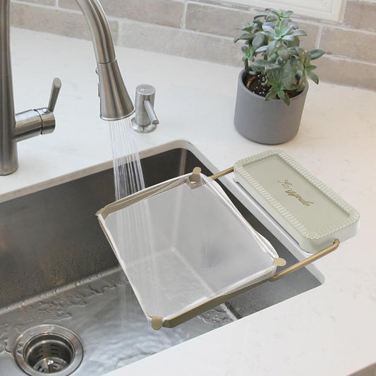 Sink Corner Strainer 100 Mesh Bags, Foldable White | Frame Swivels 90 Degrees For Tight Corners, Bags Trap Grounds Veggie Bits, Stick-On Mount No Drill, Open Top Dumps Fast
