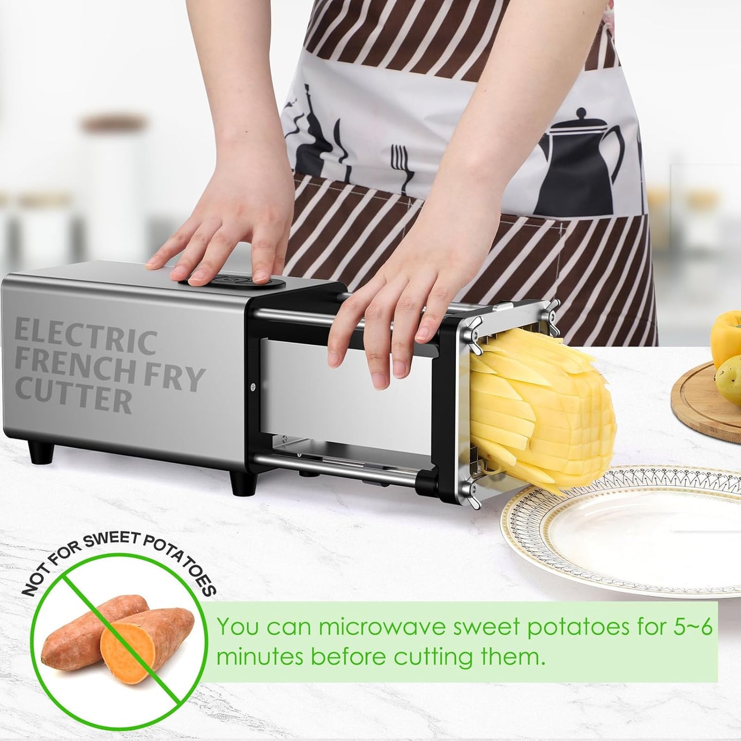 Electric French Fry Cutter,French Fry Cutter Stainless Steel with 1/2 & 3/8 Inch Blade,Commercial and Household Electric Fry Cutter,Potato Slicer,Use for Potatoes,Onion,Cucumbers,Apples