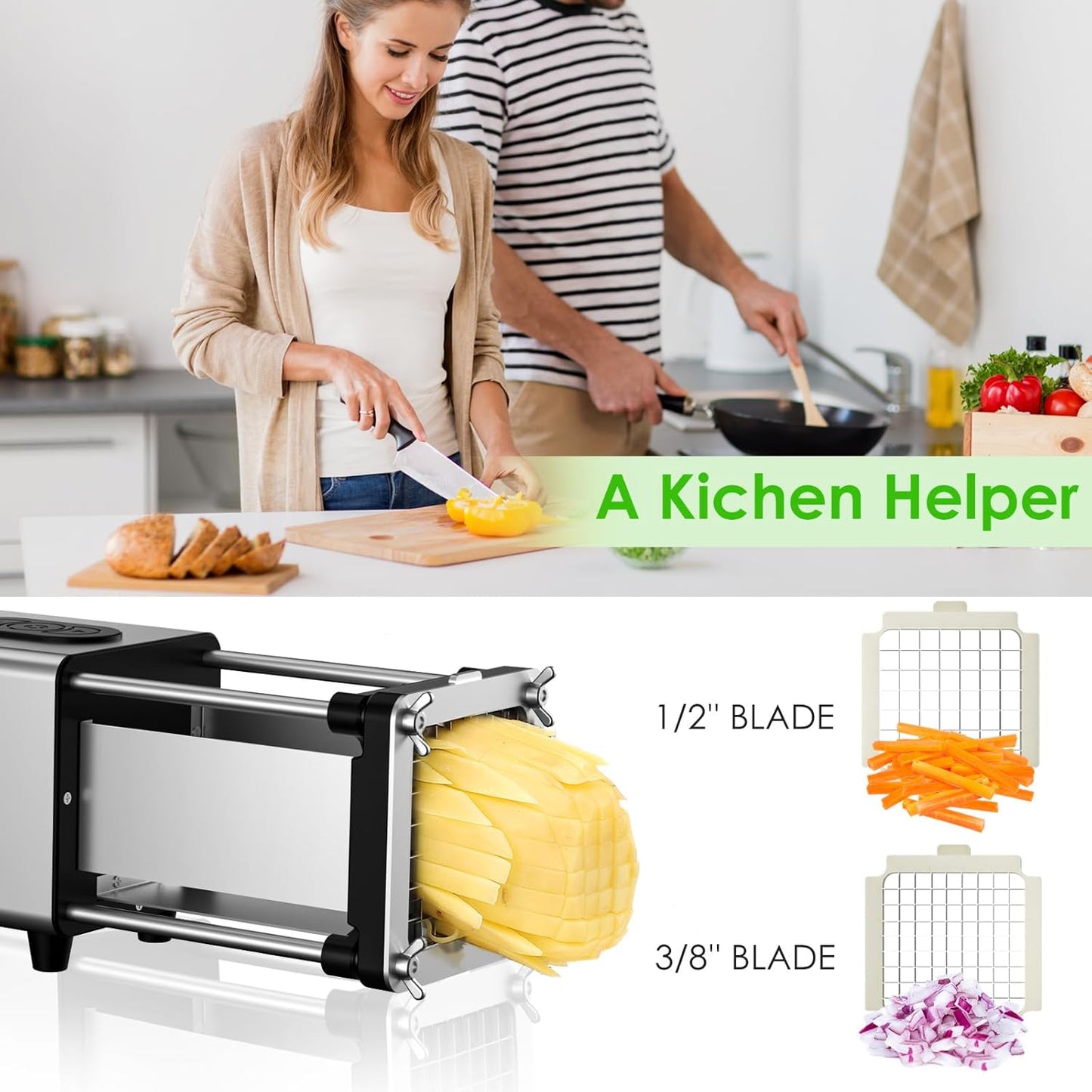 Electric French Fry Cutter,French Fry Cutter Stainless Steel with 1/2 & 3/8 Inch Blade,Commercial and Household Electric Fry Cutter,Potato Slicer,Use for Potatoes,Onion,Cucumbers,Apples