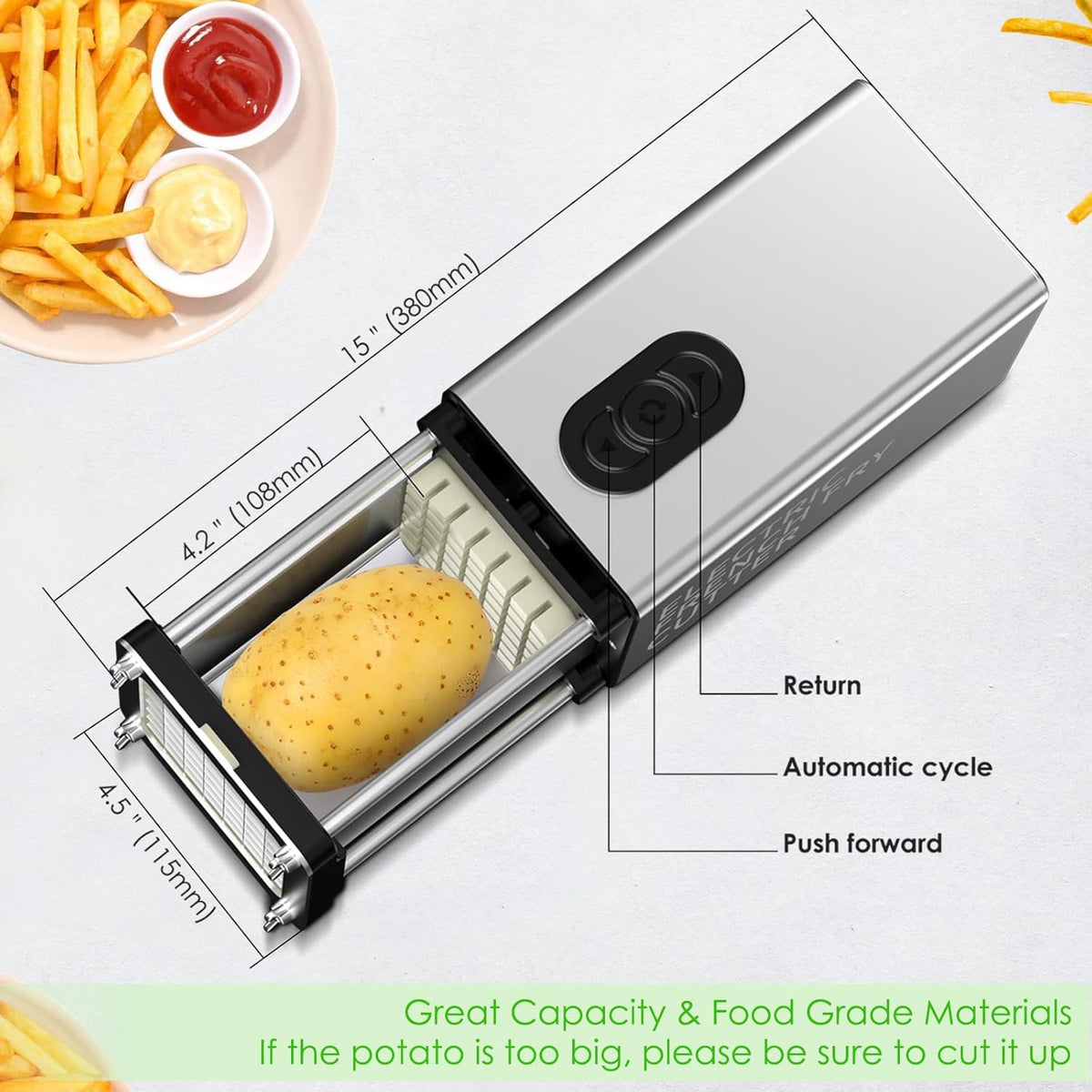 Electric French Fry Cutter,French Fry Cutter Stainless Steel with 1/2 & 3/8 Inch Blade,Commercial and Household Electric Fry Cutter,Potato Slicer,Use for Potatoes,Onion,Cucumbers,Apples