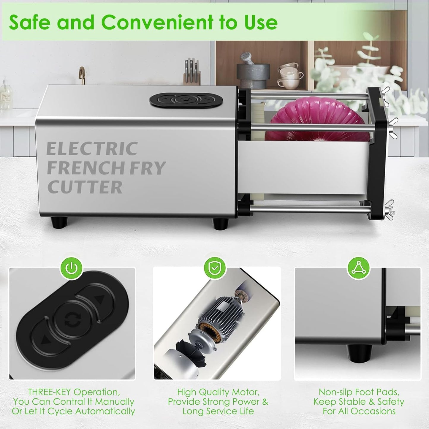 Electric French Fry Cutter,French Fry Cutter Stainless Steel with 1/2 & 3/8 Inch Blade,Commercial and Household Electric Fry Cutter,Potato Slicer,Use for Potatoes,Onion,Cucumbers,Apples