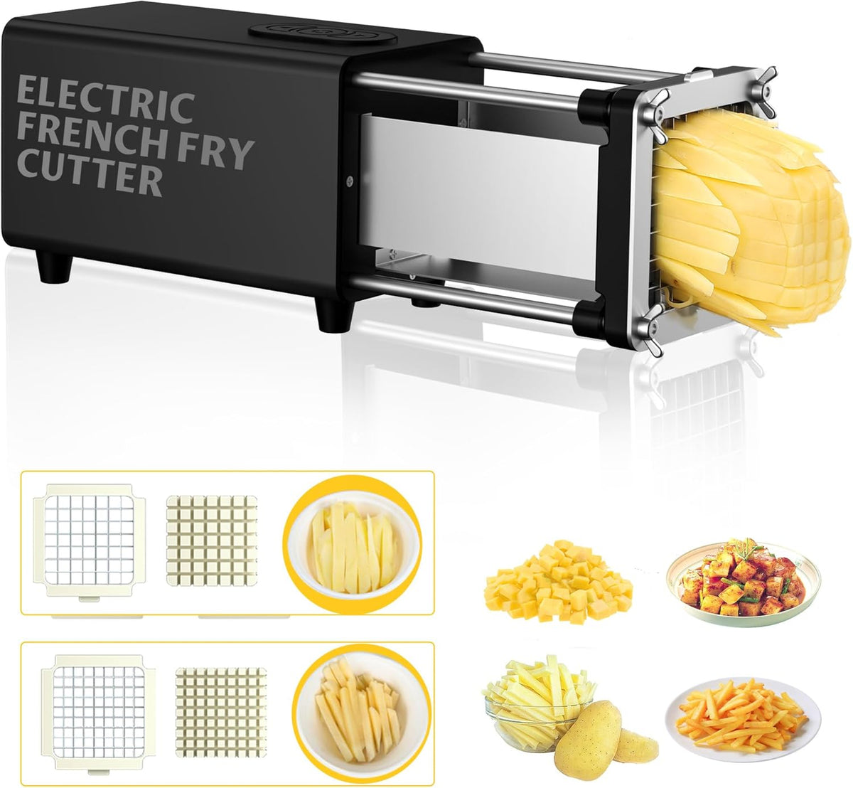 Electric French Fry Cutter,French Fry Cutter Stainless Steel with 1/2 & 3/8 Inch Blade,Commercial and Household Electric Fry Cutter,Potato Slicer,Use for Potatoes,Onion,Cucumbers,Apples