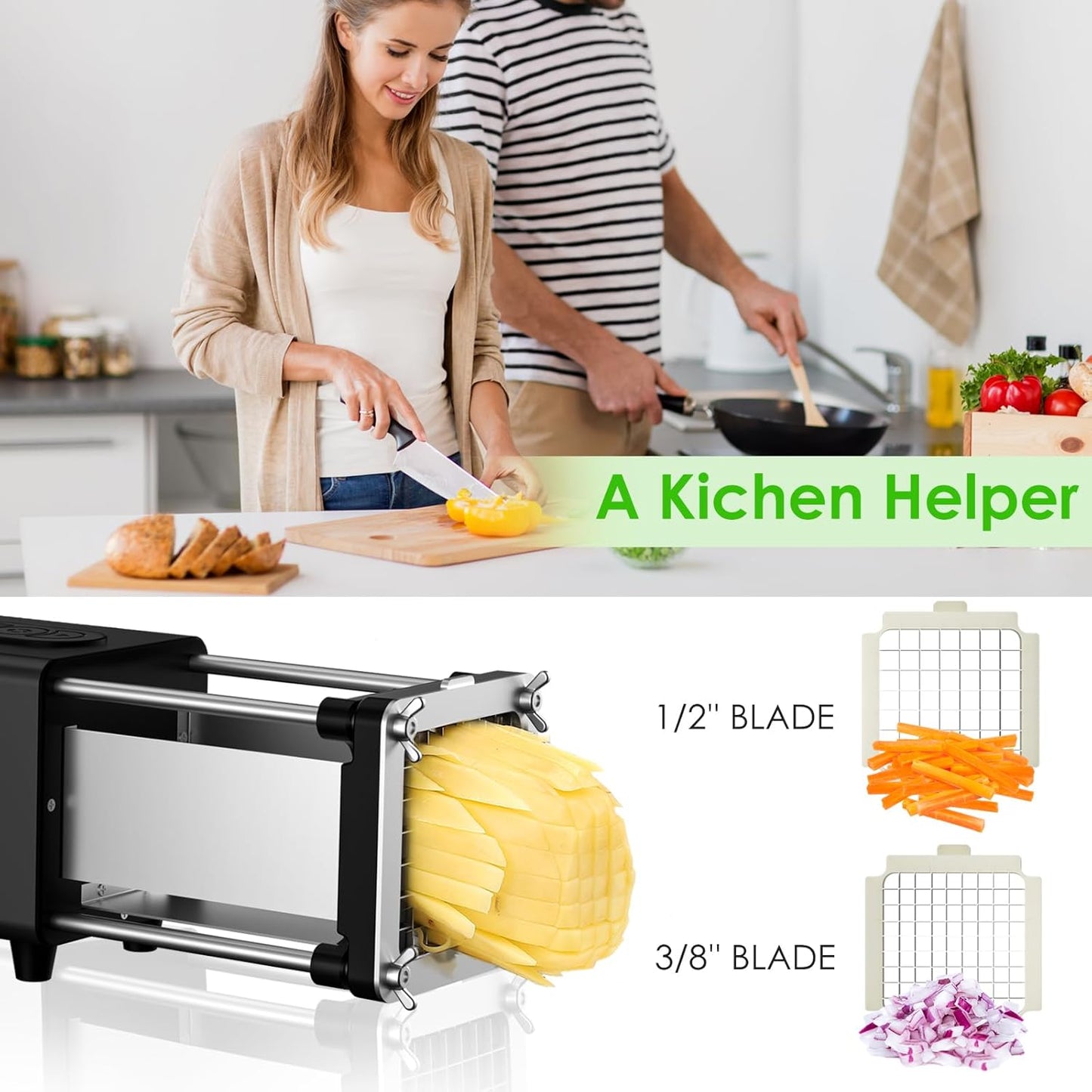 Electric French Fry Cutter,French Fry Cutter Stainless Steel with 1/2 & 3/8 Inch Blade,Commercial and Household Electric Fry Cutter,Potato Slicer,Use for Potatoes,Onion,Cucumbers,Apples
