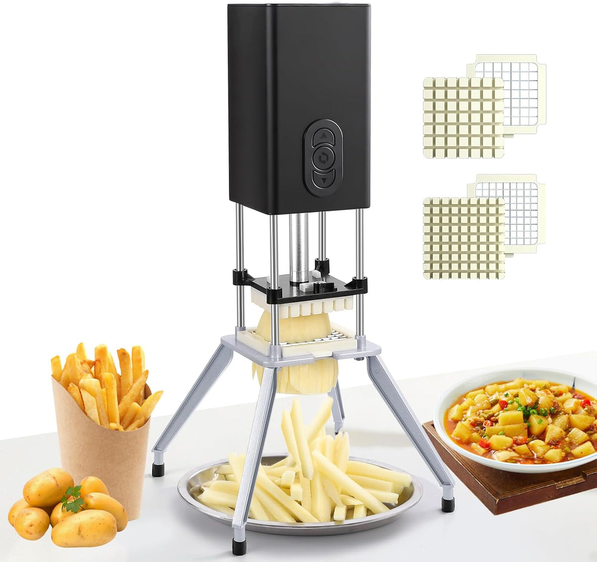 Electric French Fry Cutter,French Fry Cutter Stainless Steel with 1/2 & 3/8 Inch Blade,Commercial and Household Electric Fry Cutter,Potato Slicer,Use for Potatoes,Onion,Cucumbers,Apples