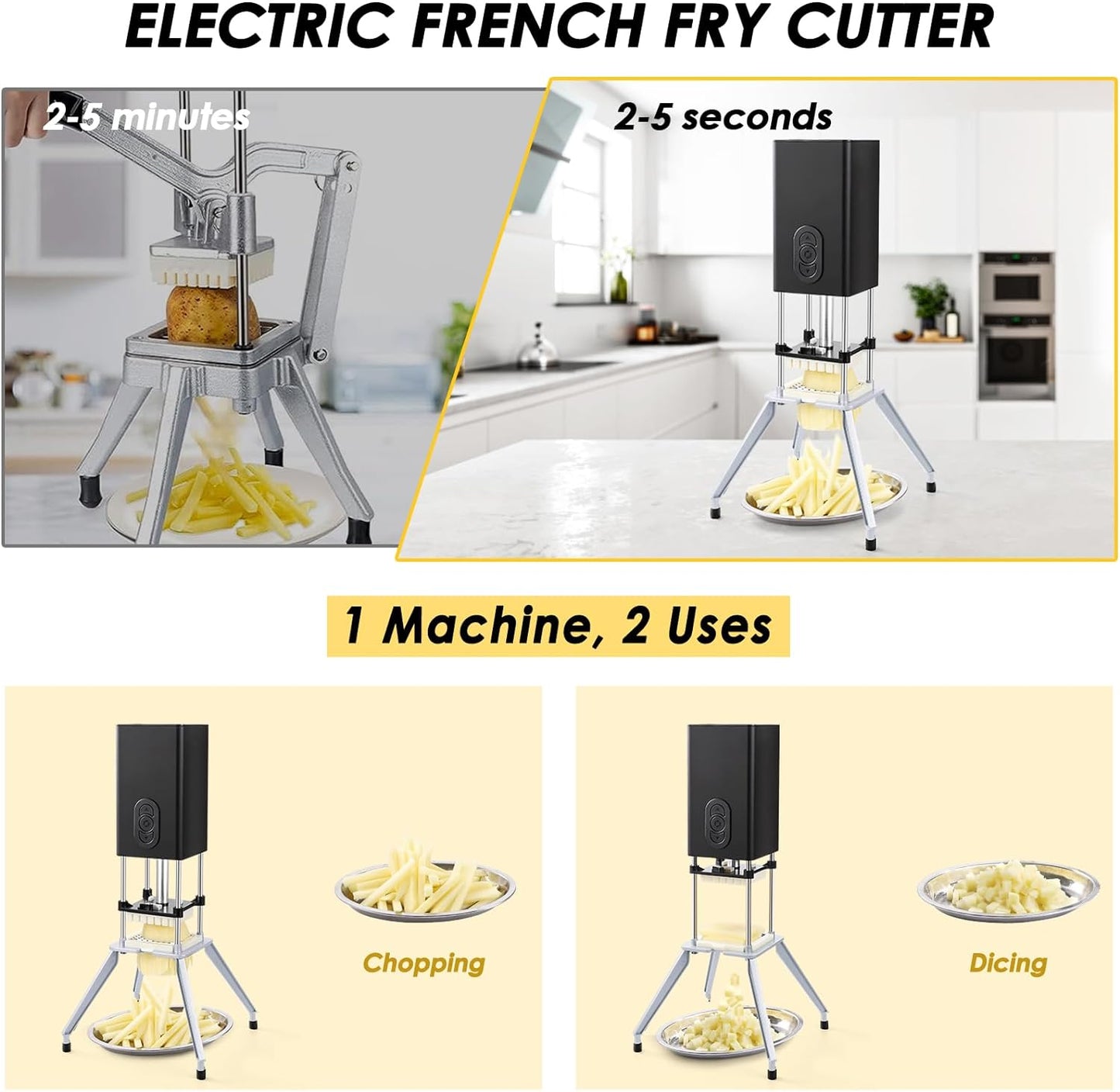 Electric French Fry Cutter,French Fry Cutter Stainless Steel with 1/2 & 3/8 Inch Blade,Commercial and Household Electric Fry Cutter,Potato Slicer,Use for Potatoes,Onion,Cucumbers,Apples
