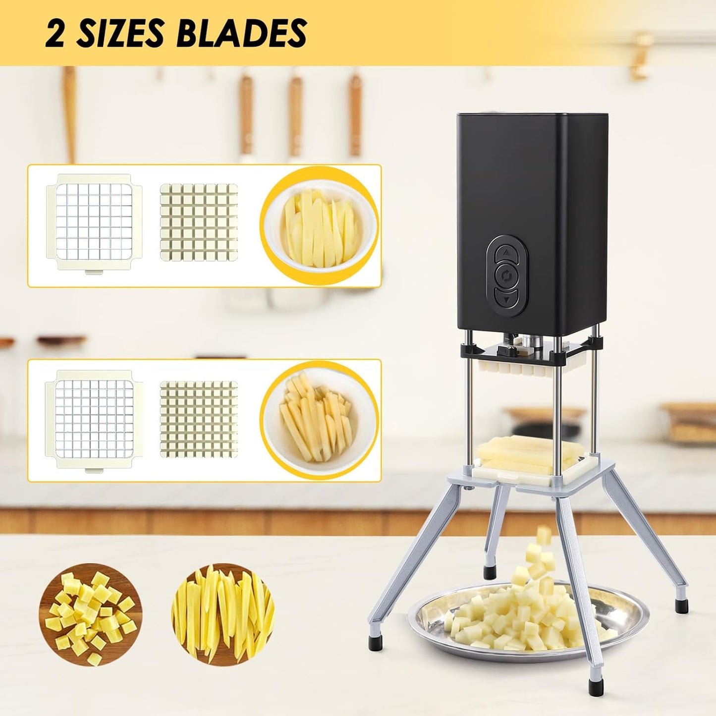 Electric French Fry Cutter,French Fry Cutter Stainless Steel with 1/2 & 3/8 Inch Blade,Commercial and Household Electric Fry Cutter,Potato Slicer,Use for Potatoes,Onion,Cucumbers,Apples