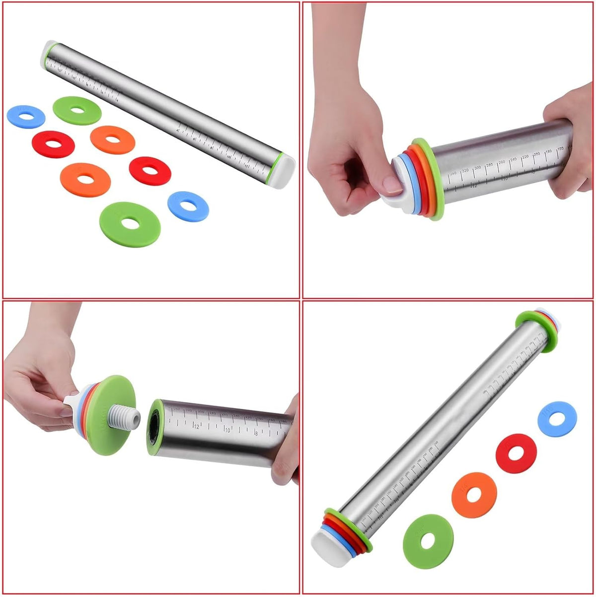 Rolling Pins, Stainless Steel Dough Roller, Rolling Pin and Silicone Baking Pastry Mat Set, Adjustable Rolling Pin with Thickness Rings for Baking Dough, Pizza, Pie, Pastries, Pasta, Cookies(Black)