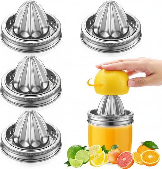 4 Pcs Stainless Steel Mason Jar Juicer Lid Manual Juicer Squeezer for 3.39 Inch Wide Mouth Mason Jar Citrus Reamer for Lemons Limes Oranges Juicing Accessories