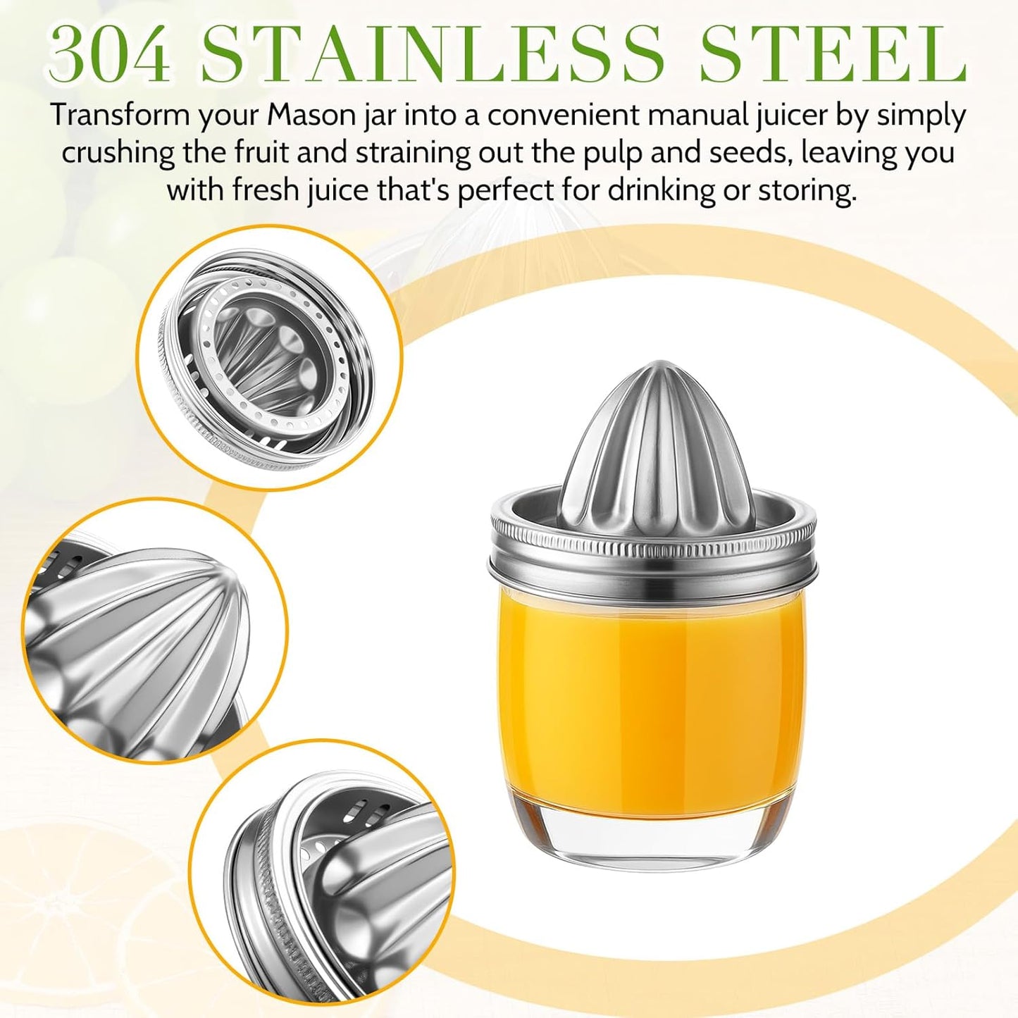 4 Pcs Stainless Steel Mason Jar Juicer Lid Manual Juicer Squeezer for 3.39 Inch Wide Mouth Mason Jar Citrus Reamer for Lemons Limes Oranges Juicing Accessories
