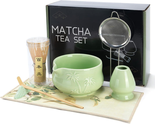 Matcha Whisk Set -7 Pcs Ceramic Matcha Kit Includes Matcha Bowl,Holder,Matcha Sifter, Bamboo Whisk (Chasen),Matcha Spoon and Scoop and Tea Towel,Matcha Kit for Matcha Lovers(Cyan)