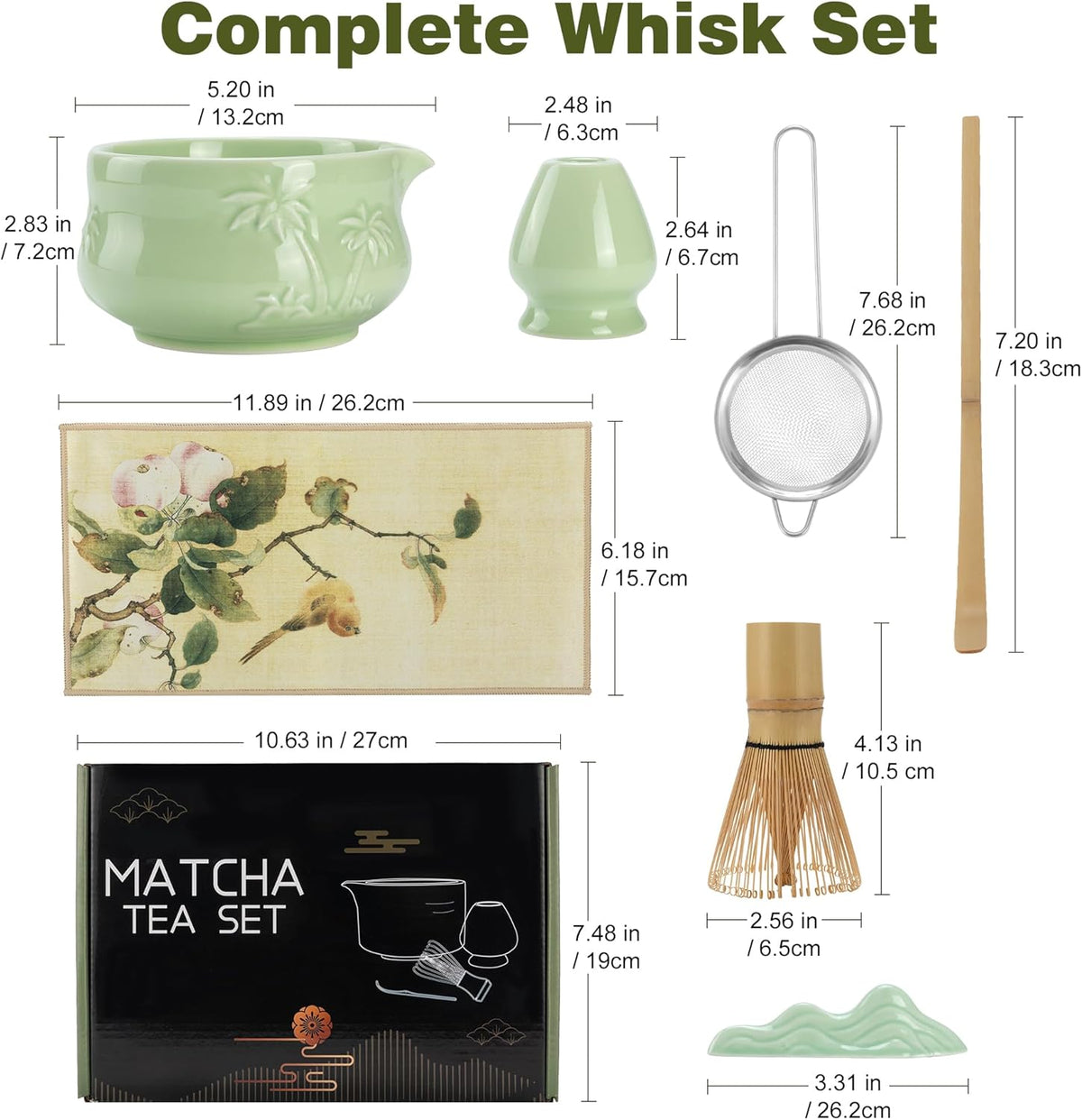 Matcha Whisk Set -7 Pcs Ceramic Matcha Kit Includes Matcha Bowl,Holder,Matcha Sifter, Bamboo Whisk (Chasen),Matcha Spoon and Scoop and Tea Towel,Matcha Kit for Matcha Lovers(Cyan)