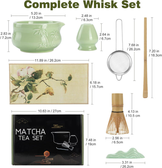 Matcha Whisk Set -7 Pcs Ceramic Matcha Kit Includes Matcha Bowl,Holder,Matcha Sifter, Bamboo Whisk (Chasen),Matcha Spoon and Scoop and Tea Towel,Matcha Kit for Matcha Lovers(Cyan)