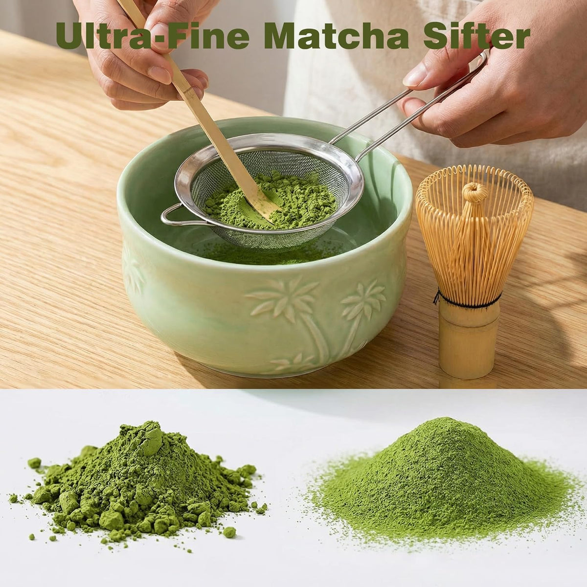 Matcha Whisk Set -7 Pcs Ceramic Matcha Kit Includes Matcha Bowl,Holder,Matcha Sifter, Bamboo Whisk (Chasen),Matcha Spoon and Scoop and Tea Towel,Matcha Kit for Matcha Lovers(Cyan)