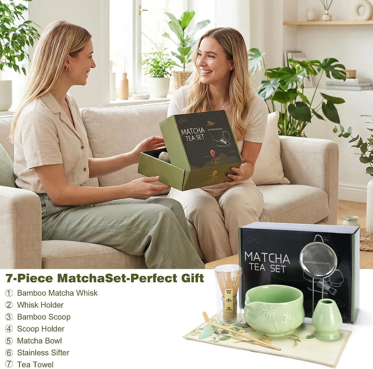 Matcha Whisk Set -7 Pcs Ceramic Matcha Kit Includes Matcha Bowl,Holder,Matcha Sifter, Bamboo Whisk (Chasen),Matcha Spoon and Scoop and Tea Towel,Matcha Kit for Matcha Lovers(Cyan)