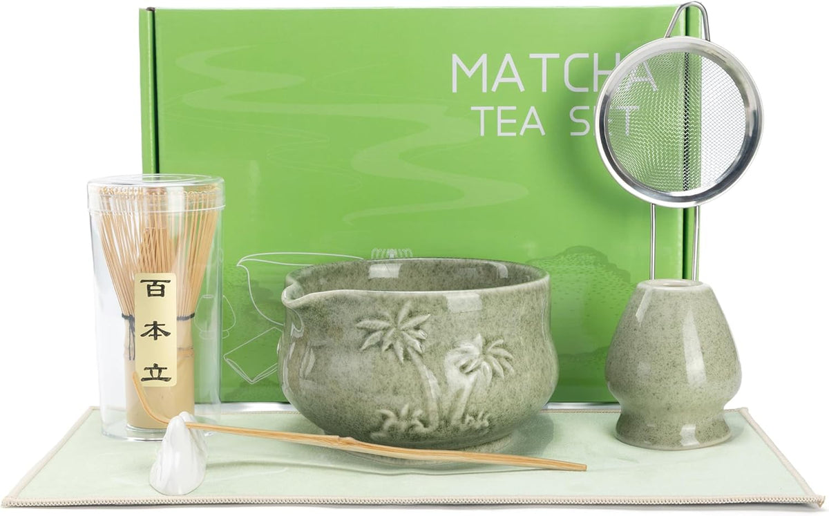 Matcha Whisk Set -7 Pcs Ceramic Matcha Kit Includes Matcha Bowl,Holder,Matcha Sifter, Bamboo Whisk (Chasen),Matcha Spoon and Scoop and Tea Towel,Matcha Kit for Matcha Lovers(Cyan)